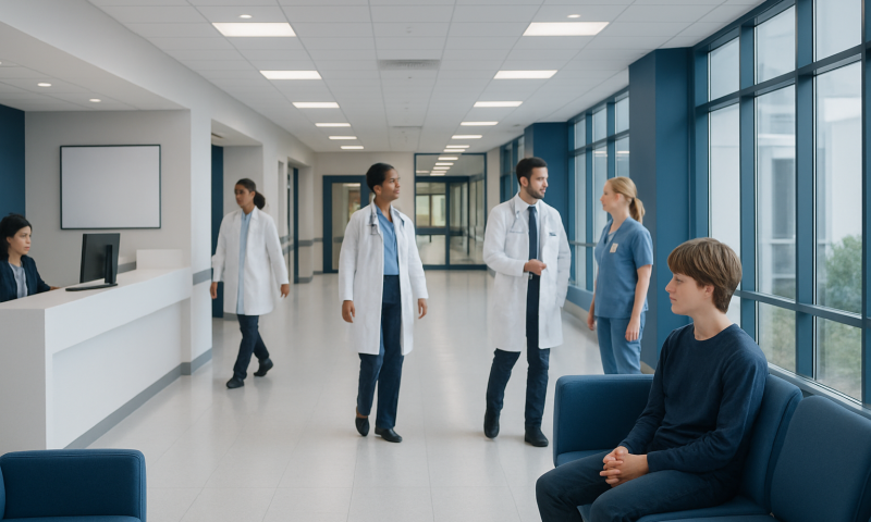 Medical team discussing patient care in a modern hospital corridor.