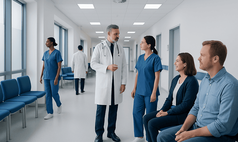 Medical team consulting patients in a hospital corridor at Acibadem Hospitals Group.