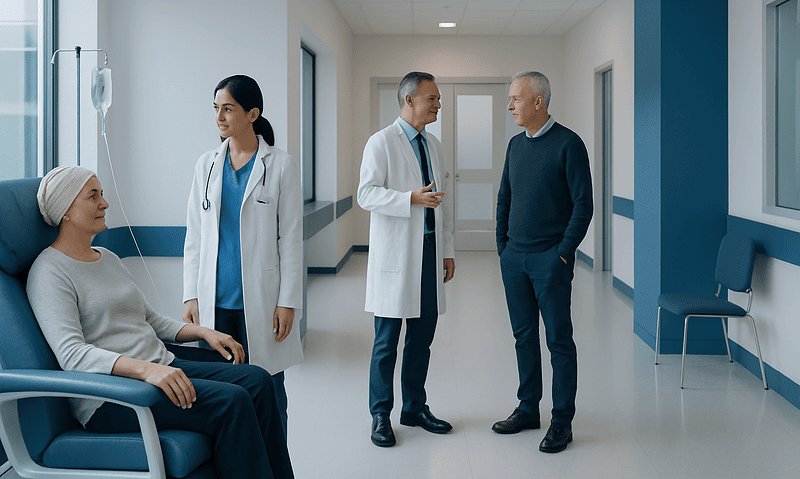 Patients and doctors in a hospital corridor discussing treatment options.