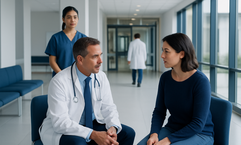 Doctor consulting with a patient in a modern hospital corridor.