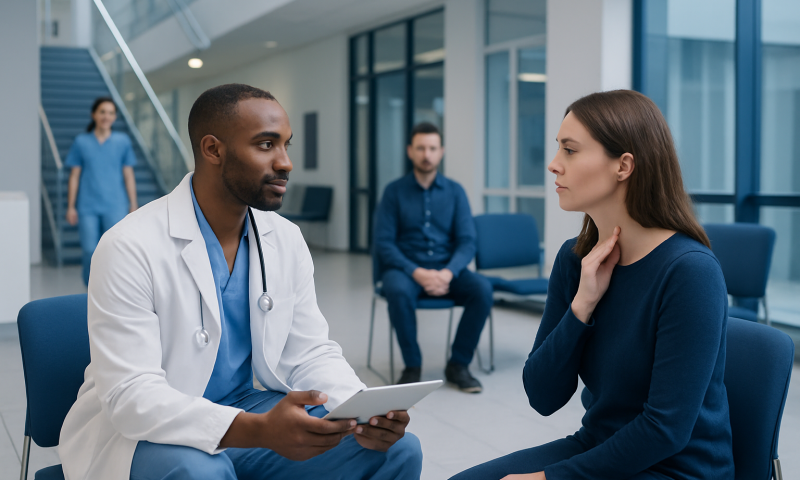 Doctor consulting with a patient in a modern hospital waiting area.