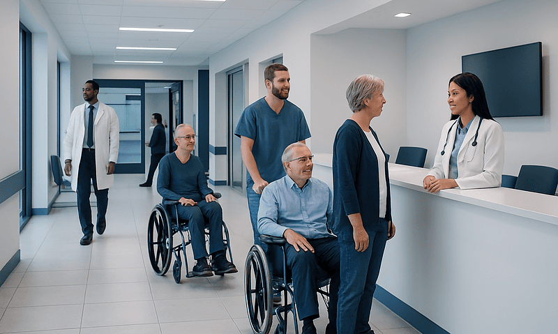 Osteoradionecrosis Treatment: How It Works, Results and What to Expect 4 Patients and medical staff in a hospital corridor at Acibadem Hospitals Group.