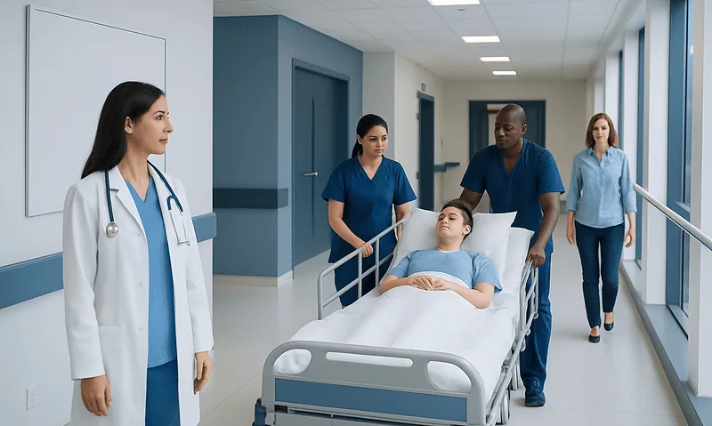 Medical team attending to a patient in hospital corridor at Acibadem Hospitals.