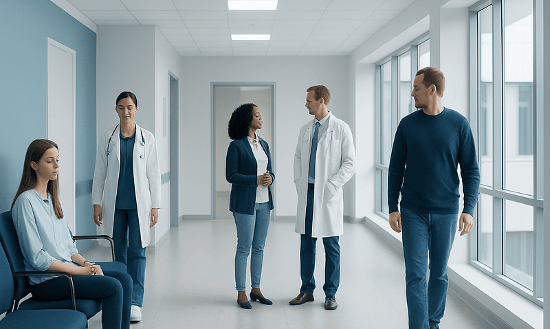 Medical team discussing patient care in hospital corridor.
