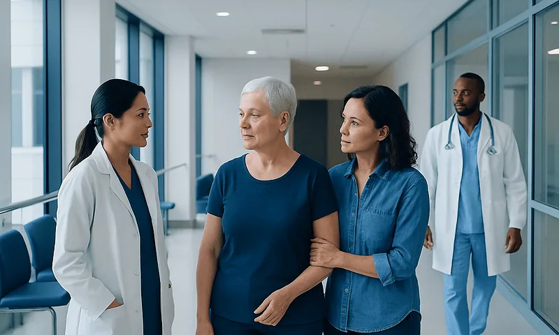 Medical team discussing patient care in hospital corridor.