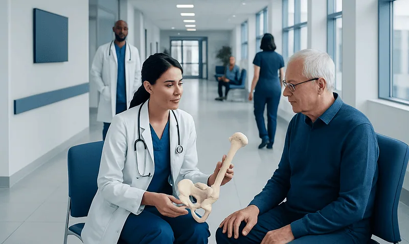 Doctor explaining hip bone anatomy to senior patient in hospital corridor.