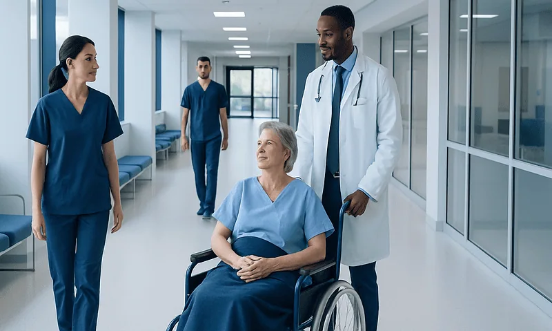 Healthcare professionals with patient in hospital corridor.