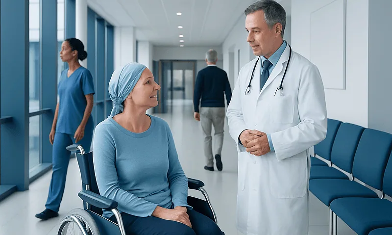 Doctor talking to a patient in a hospital corridor with medical staff in background.