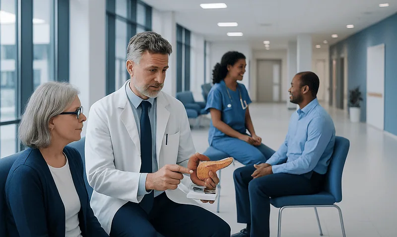 Doctor explaining pancreatic health to patients in a hospital setting.