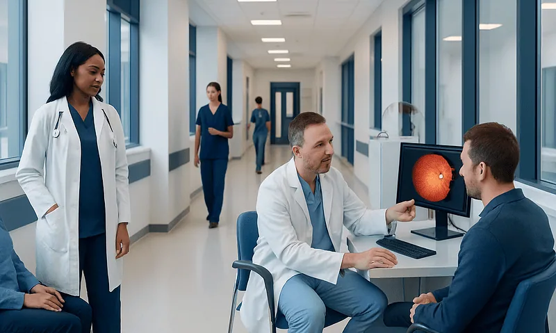 Medical team discussing eye scan results in hospital corridor.