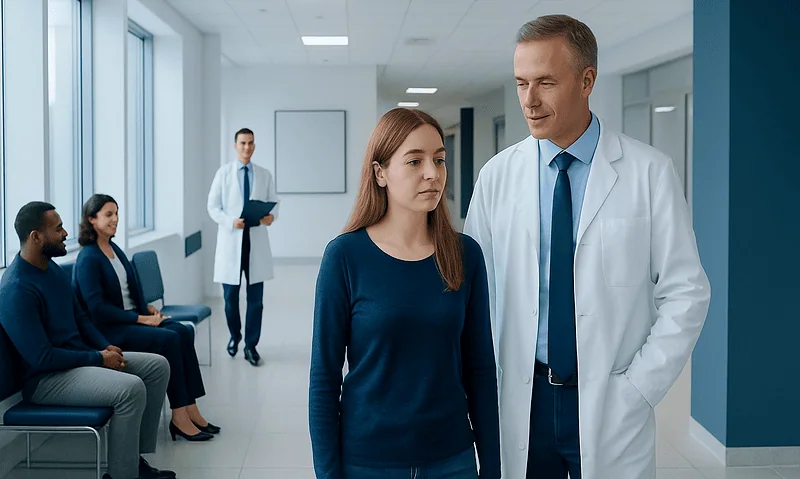 Doctor consulting a young woman in a hospital corridor with waiting patients.