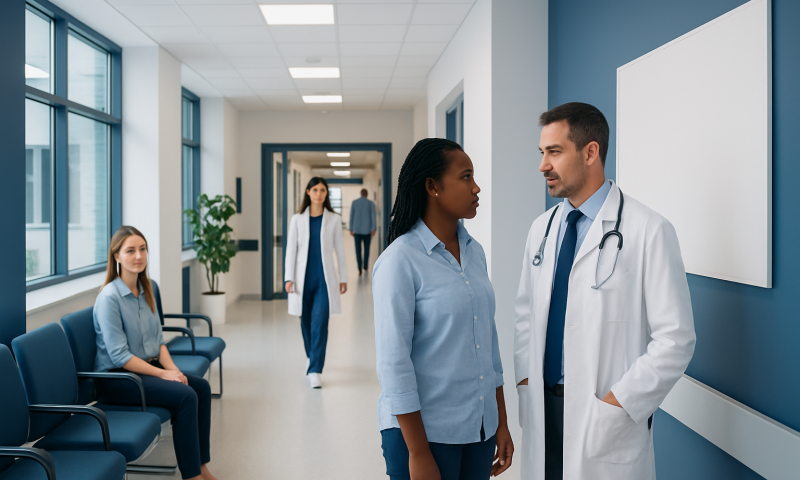 Partially Empty Sella Treatment: How It Works, Results and What to Expect 5 Medical consultation in hospital corridor with doctor and patient.