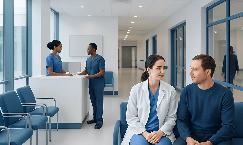 Hospital waiting area with medical staff and patients.