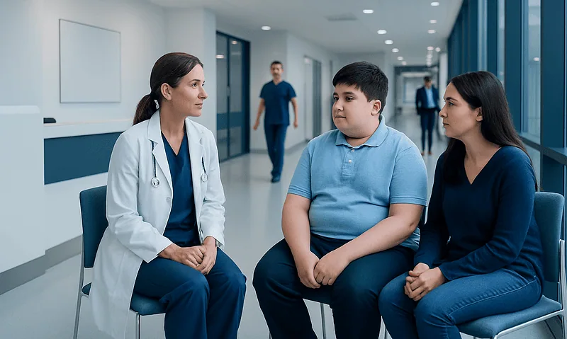 Pediatric consultation in a modern hospital corridor with a doctor and two young patients.