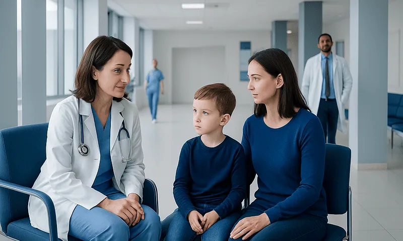 Doctor consulting with a young patient and mother in a hospital corridor.
