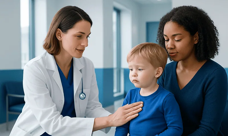 Pediatric doctor examining a young boy with mother in a clinic setting.