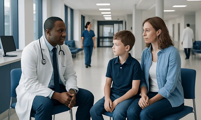 Pediatric consultation with a doctor in a hospital setting.