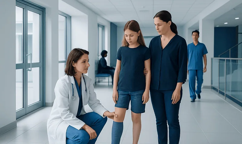 Pediatric Lymphedema Treatment: How It Works, Results and What to Expect 10 Pediatric patient consulting with a doctor in a hospital corridor.