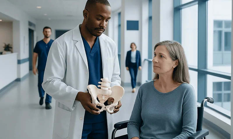 Doctor explaining pelvic anatomy to a patient in hospital corridor.