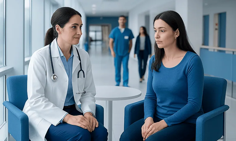 Pelvic Varicose Vein Treatment: How It Works, Results and What to Expect 13 Doctor consulting patient in hospital corridor at Acibadem Hospitals Group.