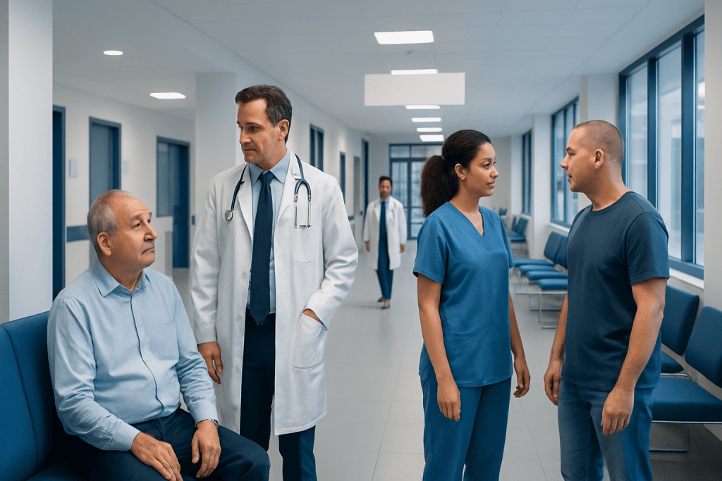 Penile Cancer Treatment: How It Works, Results and What to Expect 1 Medical team consulting patient in hospital corridor.