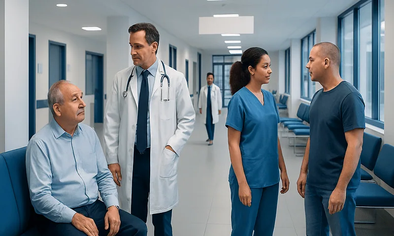 Medical team consulting patient in hospital corridor.