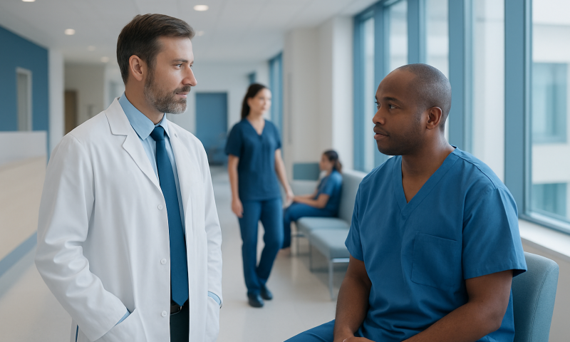 Doctor consulting patient in hospital corridor with medical staff in background.