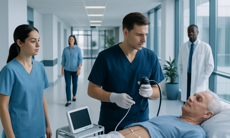 Medical team preparing for a gastrostomy procedure in a hospital corridor.