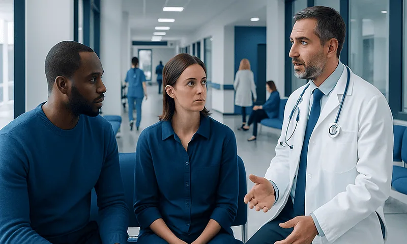 Doctor consulting with two patients in hospital corridor.