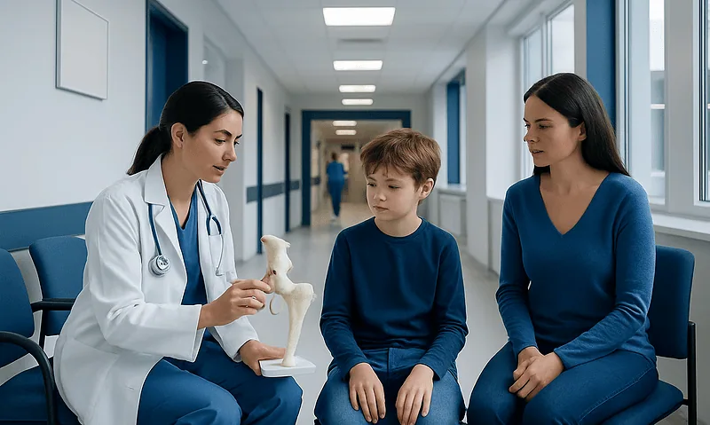 Doctor explaining Perthes disease to a young patient and mother in hospital corridor.