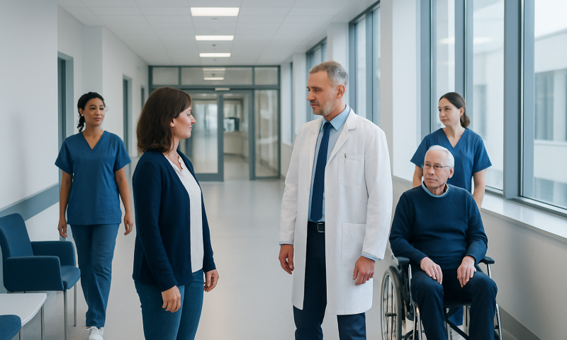 Medical team consulting with patient in hospital corridor.