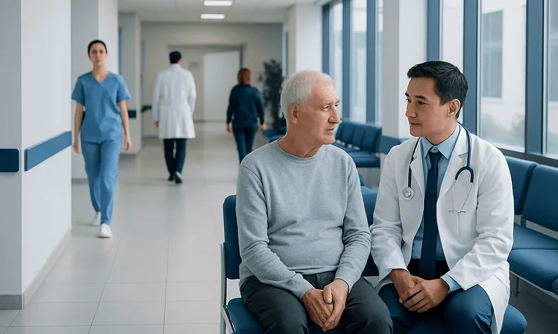 Phn Treatment: How It Works, Results and What to Expect 6 Doctor consulting with elderly patient in hospital corridor.