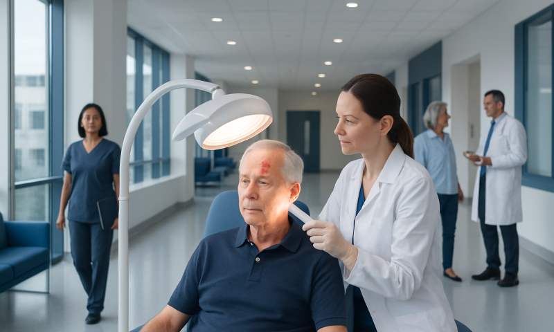 Doctor performing skin treatment on elderly patient in hospital.