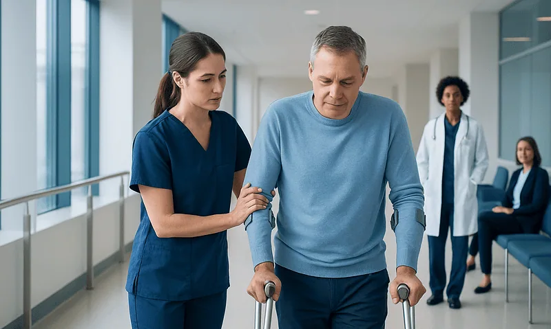 Patient receiving physical therapy after brain surgery in hospital corridor.