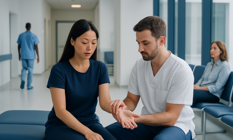 Doctor examining patient's wrist in a hospital waiting area.