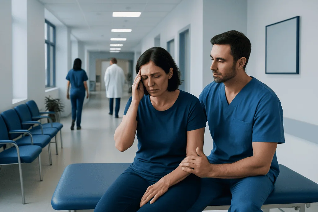 Physical Therapy Exercises for Headaches: How It Works, Results and What to Expect 1 Patient experiencing headache in hospital corridor with healthcare professional nearby.