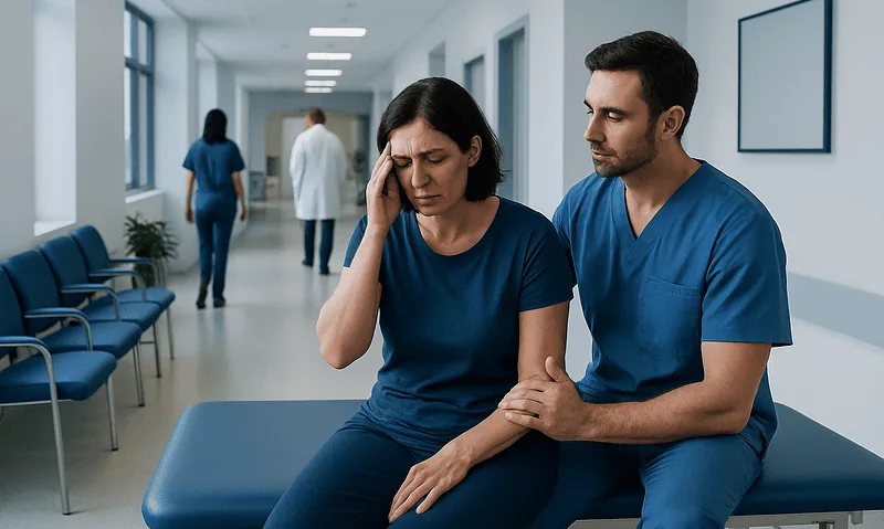 Patient experiencing headache in hospital corridor with healthcare professional nearby.