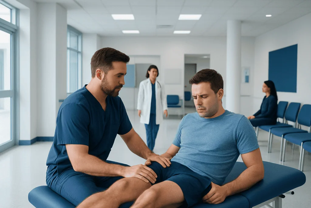 Physical Therapy for Sports Hernia Rehabilitation: How It Works, Results and What to Expect 1 Physiotherapist examining a patient's knee in a modern clinic setting.