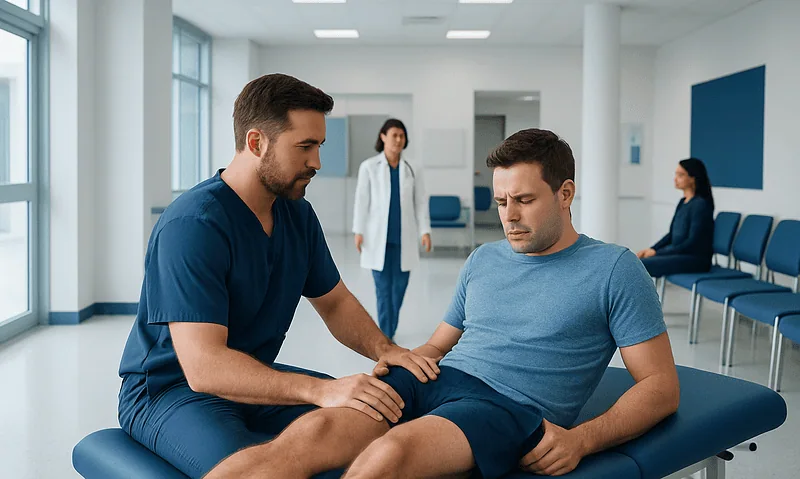 Physiotherapist examining a patient's knee in a modern clinic setting.