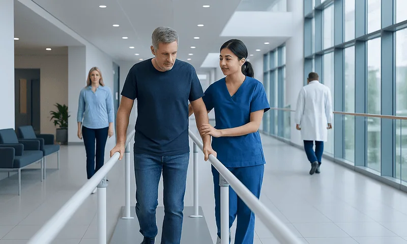 Patient using parallel bars with nurse in hospital corridor.