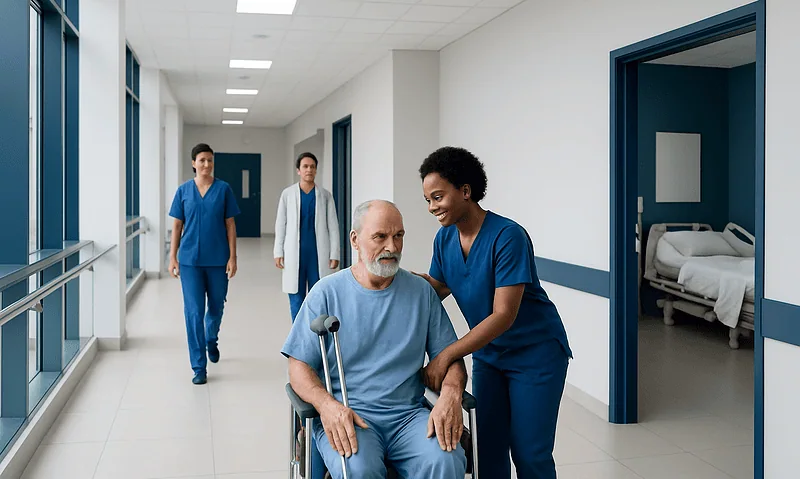 Healthcare professionals assist elderly patient in hospital corridor.