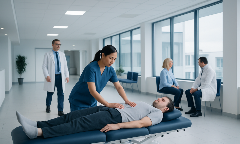 Medical professional performing physical therapy on patient in clinic.