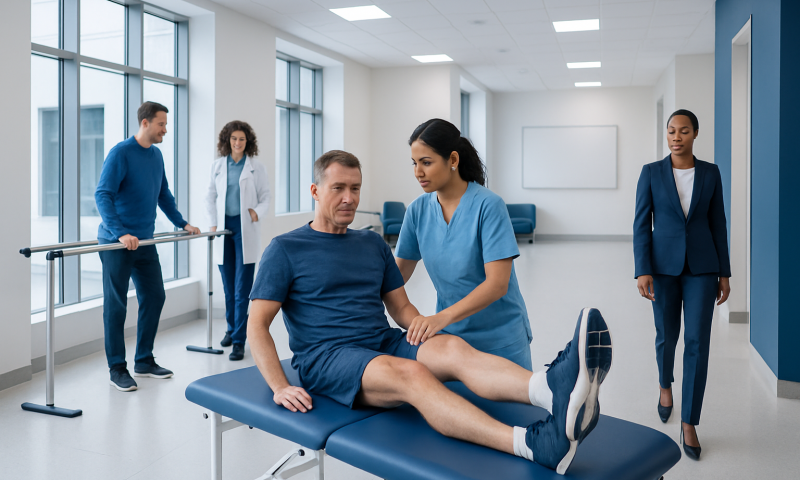 Patient undergoing physical therapy exercises with medical staff in a modern clinic.