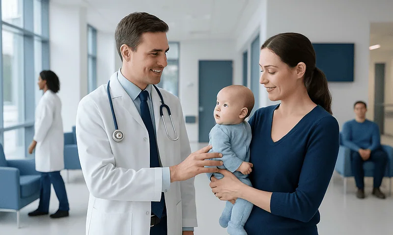 Pediatric consultation at Acibadem Hospital with doctor and mother holding baby.