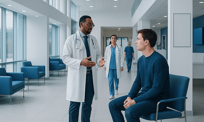 Doctor consulting patient in modern hospital corridor.