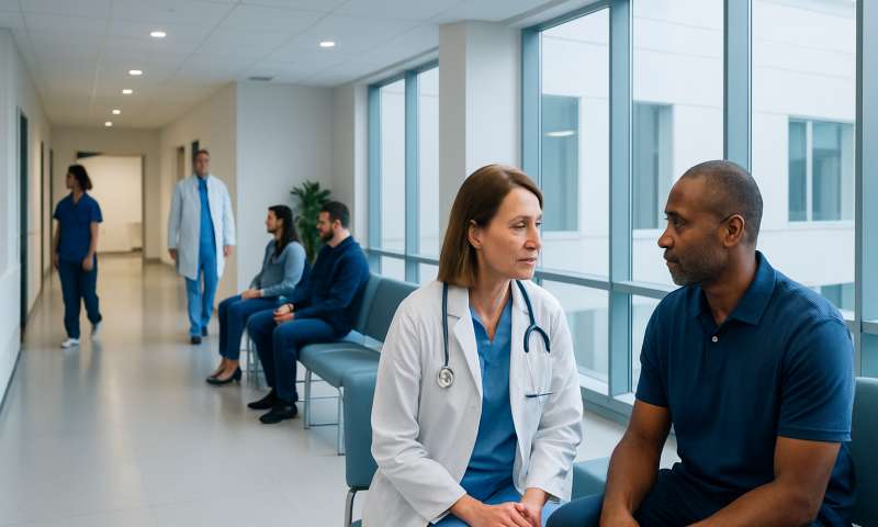 Doctor consulting patient in hospital corridor with waiting area.