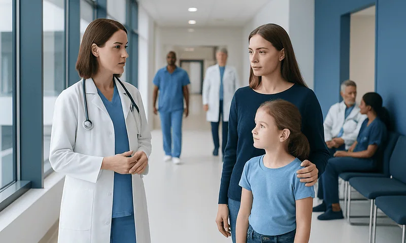 Doctor talking to a young girl and her mother in hospital corridor.