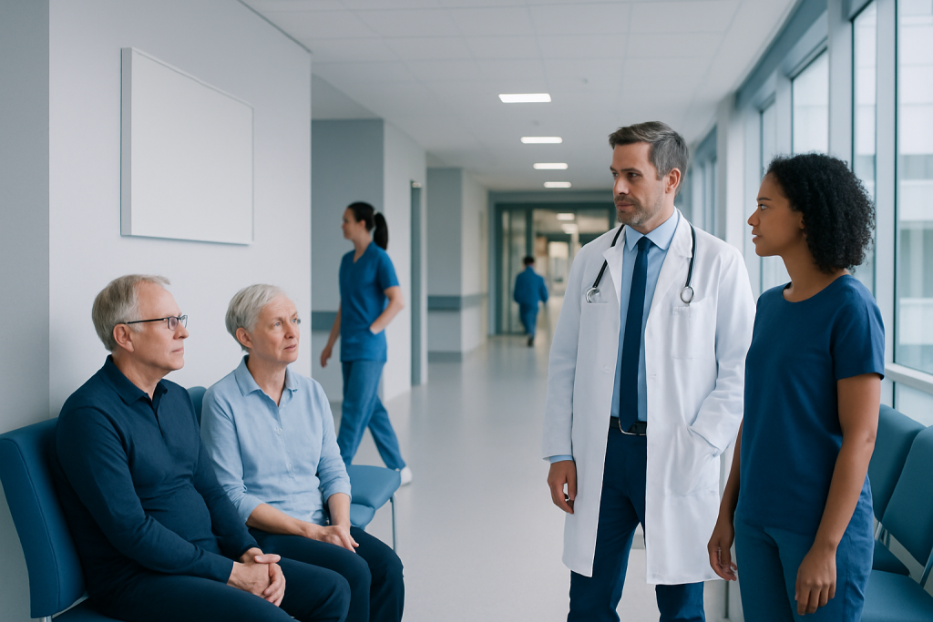Planned Treatment: How It Works, Results and What to Expect 1 Doctor consulting elderly patients in hospital corridor.