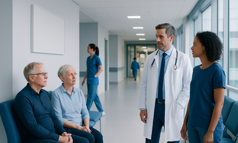 Doctor consulting elderly patients in hospital corridor.