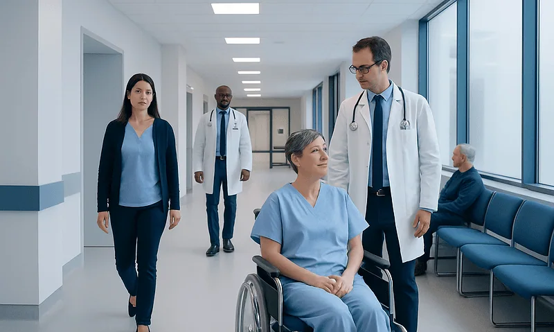 Plastic Bronchitis Treatment: How It Works, Results and What to Expect 3 Medical team consulting a patient in hospital corridor at Acibadem Hospitals Group.